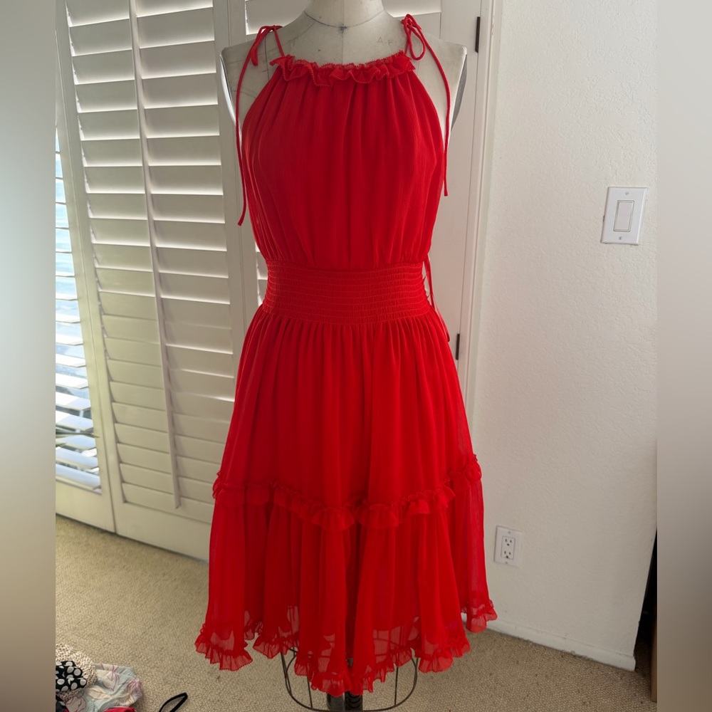 Red Halter Tiered Chiffon Dress